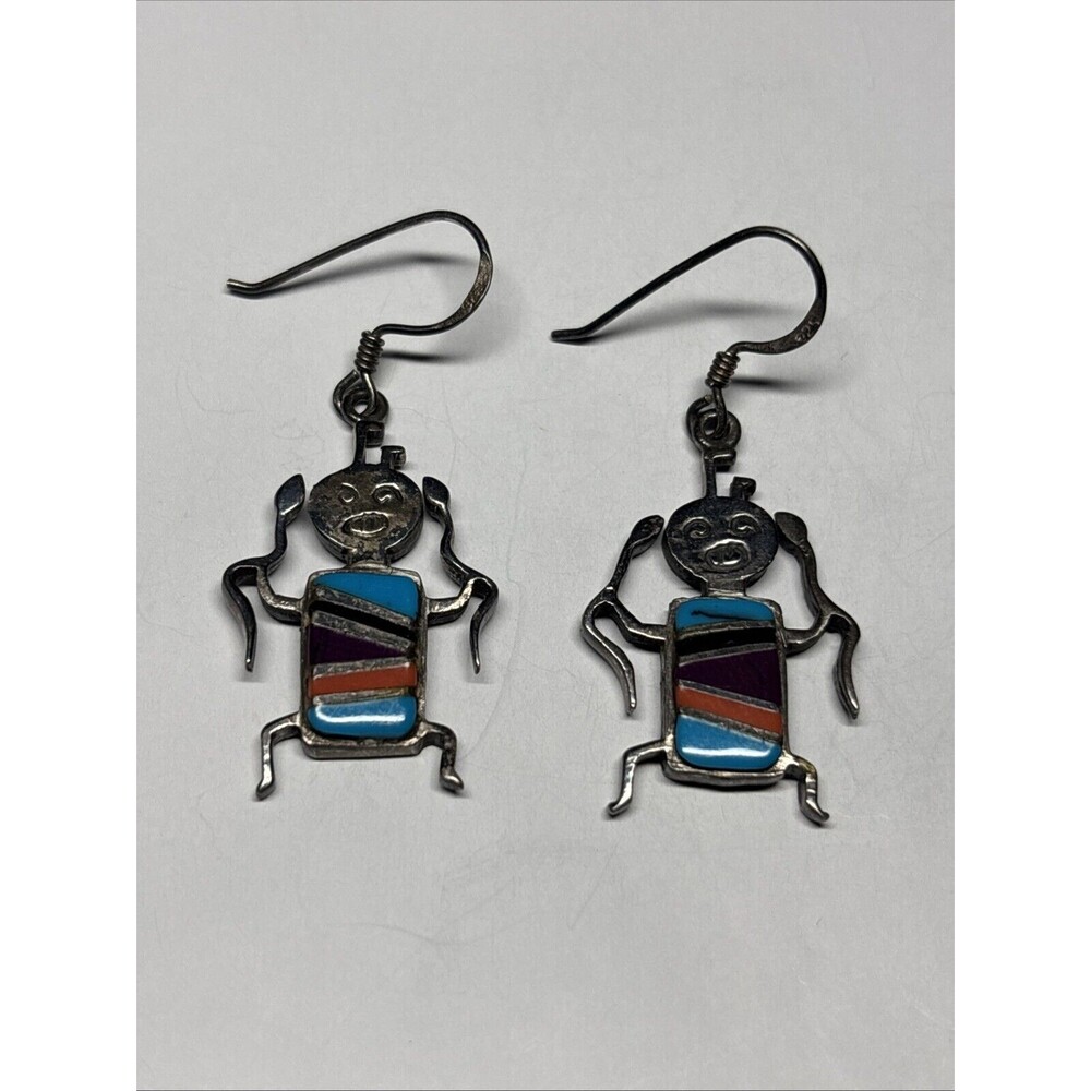 Vintage Rock Critters Sterling Silver 925 Designer Multi Inlay Dancer Earrings